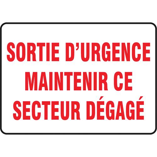 "Sortie d'urgence" Sign - Plastic, 10", 14", Bolt-On, French, Fire and Emergency, Sortie D'Urgence Maintenir Ce Secteur Dégagé