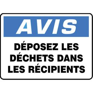 "Déposez les déchets dans les récipients" Sign - Aluminum, 10", 14", Bolt-On, French, Housekeeping and Hygiene, Avis; Déposez Les Déchets Dans Les Récipients