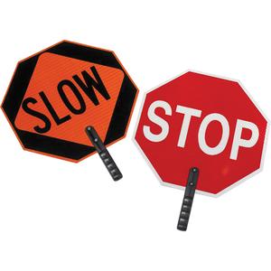 Double-Sided "Stop/Slow" Traffic Control Sign - Plastic, 18", 18", Bolt-On, English with Pictogram, Traffic, Stop/Slow