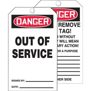 Tags By-The-Roll Safety Tags - English, Cardstock, 3", 6-1/4", 6 5/8" x 6 5/8" x 3 5/8", Danger Out Of Service