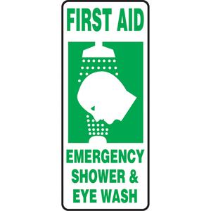 "Emergency Shower & Eye Wash" Sign - Plastic, Vinyl, Aluminum, 17", 7", Bolt-On, English with Pictogram, First Aid, First Aid Emergency Shower & Eye Wash w/Pictogram, 90°F to 168°F