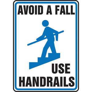 "Use Handrails" Sign - Vinyl, Aluminum, 10", 14", Adhesive, English with Pictogram, Housekeeping and Hygiene, Avoid A Fall Use Handrails w/Pictogram