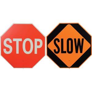 Double-Sided "Stop/Slow" Traffic Control Sign - Plastic, Aluminum, 18", 18", Bolt-On, English with Pictogram, Traffic, Sign - MUTCD Regulated, Slow - Stop Sign, EGR