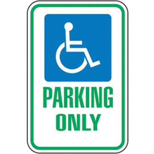 Handicapped Designated Parking Sign - Aluminum, 18", 12", Bolt-On, English with Pictogram, Traffic, Parking Only w/Handicap Pictogram