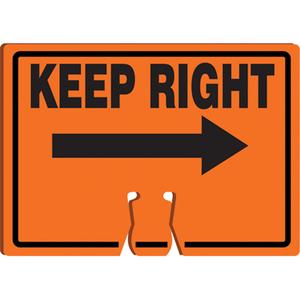 "Keep Right" Cone Top Warning Sign - Plastic, 10", 14", Bolt-On, English with Pictogram, Industrial Traffic, Keep Right w/Arrow