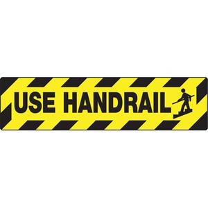 "Use Handrails" Skid-Gard™ Floor Sign - Flat, English with Pictogram, Vinyl, Adhesive, Black & Yellow, 24", 6"