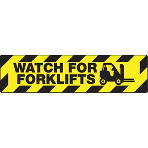"Watch For Forklifts" Skid-Gard™ Floor Sign - Flat, English with Pictogram, Vinyl, Adhesive, Black & Yellow, 24", 6"
