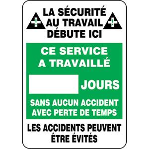 "Jours sans accident" Write-A-Day Scoreboard - Plastic, 20", 14", Bolt-On, French with Pictogram, Safety Incentive and Motivational, La sécurité au travail débute ici