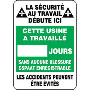 "Jours sans accident" Write-A-Day Scoreboard - Plastic, 20", 14", Bolt-On, French with Pictogram, Safety Incentive and Motivational, La sécurité au travail débute ici
