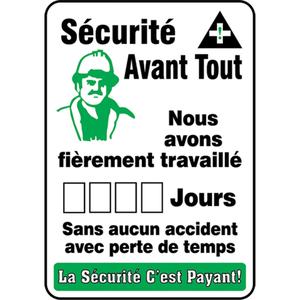 "Jours sans accident" Write-A-Day Scoreboard - Plastic, 20", 14", Bolt-On, French with Pictogram, Safety Incentive and Motivational, Sécurité avant tout