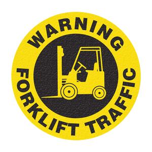 "Warning Forklift Traffic" Floor Sign - Flat, English with Pictogram, Vinyl, Adhesive, Round, 1/32", 17"