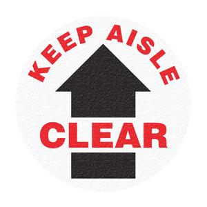 "Keep Aisle Clear" Floor Sign - Flat, English with Pictogram, Vinyl, Adhesive, Round, 1/32", 17"
