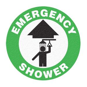 "Emergency Shower" Floor Sign - Flat, English with Pictogram, Vinyl, Adhesive, Round, 1/32", 17"