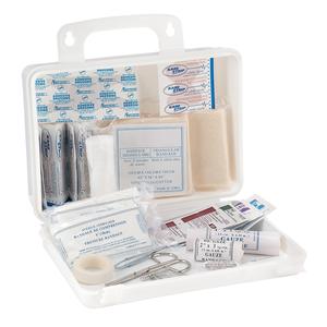 Dynamic™ Truck First Aid Kit - Plastic Box, Class 1, (1) First aid manual; (2) 4" Sterile pressure bandages; (2) Alcohol sachets; (1) Gauze bandage roll 2" x 5 yds; (1) Gauze bandage roll 4" x 5 yds; (1) Conform gauze 3" x 5 yds; (1) Adhesive tape ½" x 2.5 yds; (1) Tweezers; (1) Scissors; (1) Pack of 12 safety pins; (24) Sterile plastic adhesive strips 3/4" x 3"; (100) Benzalkonium antiseptic sachets; (2) Providone ointment sachets; (1) Sterile fabric finger strip; (1) Sterile fabric knuckle strip; (2) Sting relief sachets