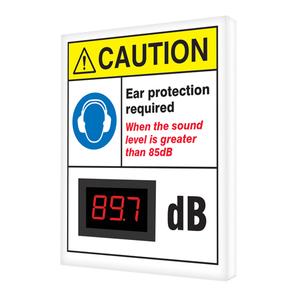 Decibel Meter Sign - Aluminum, 12", 10", Hanging, English with Pictogram, Personal Protection, White/Blue