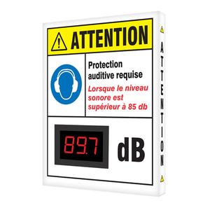 Decibel Meter Sign - Aluminum, 12", 10", Hanging, French with Pictogram, Personal Protection, White/Blue