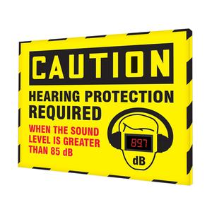 Decibel Meter Sign - Aluminum, 36", 30", Hanging, English with Pictogram, Personal Protection, Black/Yellow
