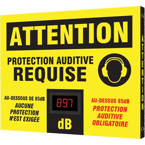 Decibel Meter Sign - Aluminum, 24", 20", Hanging, French with Pictogram, Personal Protection, Black/Yellow