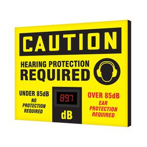 Decibel Meter Sign - Aluminum, 24", 20", Hanging, English with Pictogram, Personal Protection, Black/Yellow