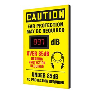 Decibel Meter Sign - Aluminum, 20", 12", Hanging, English with Pictogram, Personal Protection, Black/Yellow