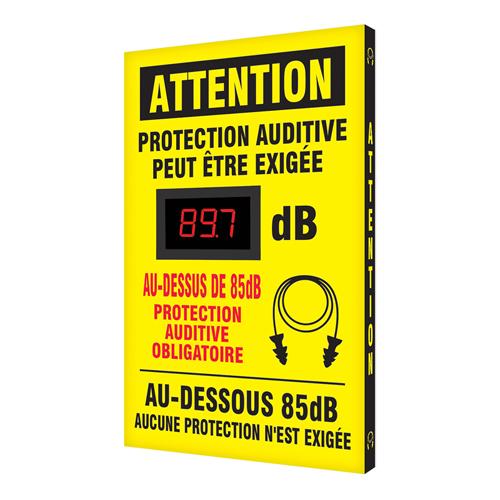 Decibel Meter Sign - Aluminum, 20", 12", Hanging, French with Pictogram, Personal Protection, Black/Yellow