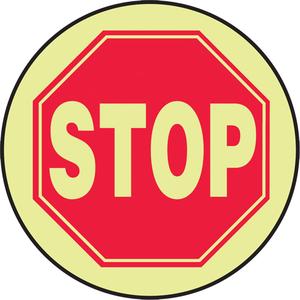 "Stop" Lumi-Glow™ Floor Sign - Flat, English with Pictogram, Vinyl, Adhesive, Stop, 17"