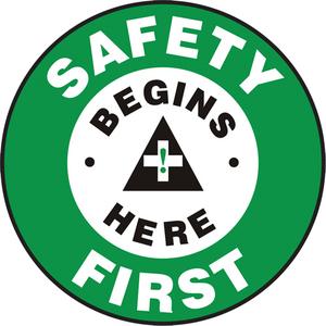 "Safety First" Slip-Gard™ Floor Sign - Flat, English with Pictogram, Vinyl, Adhesive, Safety begins here First, Green/Black/White, 17"
