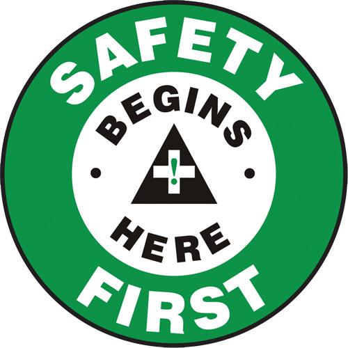 "Safety First" Slip-Gard™ Floor Sign - Flat, English with Pictogram, Vinyl, Adhesive, Safety begins here First, Green/Black/White, 17"