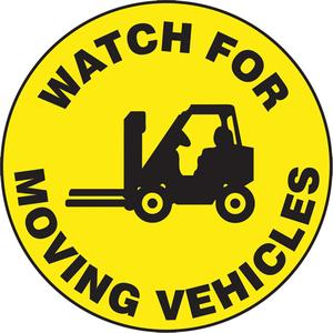 "Watch For Moving Vehicles" Slip-Gard™ Floor Sign - Flat, English with Pictogram, Vinyl, Adhesive, Watch For Moving Vehicles, Black/Yellow, 17"
