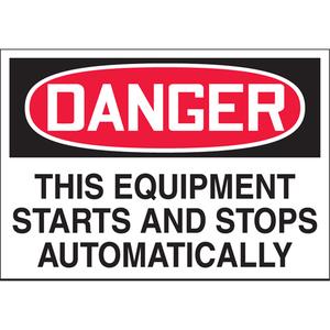 "Starts & Stops Automatically" Label - Vinyl, 3.5", 5", Adhesive, English, Equipment, The Equipment Starts And Stops Automatically, Red/Black/White