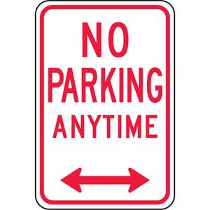 No Parking Anytime Double Arrow Sign - Aluminum, 18", 12", Bolt-On, English with Pictogram, Traffic, Red/White