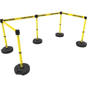 PLUS Barrier Post Set X5 - 42", Plastic, Yellow, Yellow, 15', Cleaning In Progress, 22"-42"