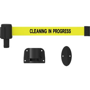 PLUS Wall Mount Barrier System - Plastic, Yellow, Yellow, Cleaning In Progress, 15', Screw Mount