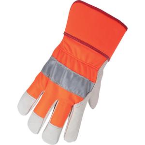 High Visibility Gloves - Large, Unlined, Grain Cowhide, Gauntlet, Rubberized, High Visibility Orange