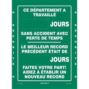 "Jours sans accident" Digi-Day® 3 Electronic Signal Scoreboard - Aluminum, 28", 20", Hanging, French, Safety Incentive and Motivational, Ce département a travaillé _ Jours sans accident avec perte de temps Le meilleur record précédent était _ Jours