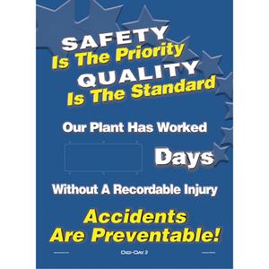Digi-Day® Electronic Scoreboard Motivational Safety Sign - Aluminum, 28", 20", Hanging, English with Pictogram, Safety Incentive and Motivational, Safety Is The Priority - Quality Is The Standard - Our Plant Has Worked _ Days Without A Recordable Injury