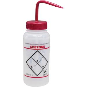 "Acetone" Safety-Labeled Wide-Mouth Wash Bottle - 16 oz., None, Clear and Red, Polyethylene, Polypropylene, Red