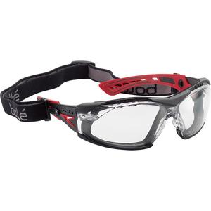 Rush+ Foam Rimmed Safety Glasses with Strap - Meets/Exceeds CSA Z94.3, Clear, Anti-Fog/Anti-Scratch, Black & Red