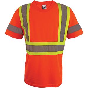 Short Sleeve Safety T-Shirt - High Visibility Orange, Silver/Yellow, 2X-Large, 3X-Large, 4X-Large, 5X-Large, Large, Medium, Small, X-Large, Polyester, Meets/Exceeds CSA Z96 Class 2 - Level 2