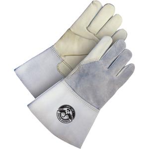 Gander Brand Utility Grain Leather Welder Gloves - Medium, Small, 2X-Large, Fleece, Grain Cowhide, Beige & Grey, Gauntlet, 5"