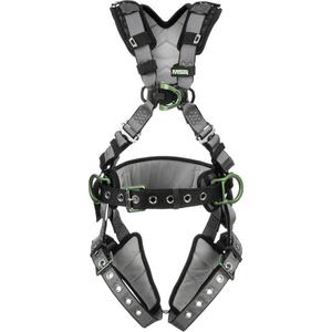V-Fit Full Body Harness with Shoulder & Leg Pads - Work Positioning/Ladder Climbing/Descent Control/Fall Arrest, ADLP, 400 lbs., Medium/Large, Back - Front - Side, Tongue Buckle, Quick-Connect, Grey & Black