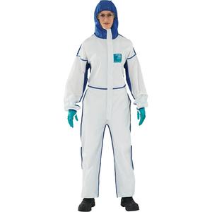 AlphaTec™ 1800 Comfort 3-Piece Coveralls - SMS/Microporous, Large, X-Large, 2X-Large, White/Blue, EN 1149-5/AATCC 76, ANSI/ISEA 101, EN ISO 13982-1 Type 5, ISO 17491-4 Type 6, Bound Seams