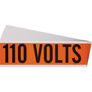 "110 Volts" Conduit & Voltage Labels - Vinyl/Cloth, 2-1/4", 9", Adhesive, English, Electrical, Repositionable Rubber, Semi-Gloss, Black on Orange, Rectangle