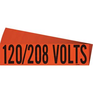 "120/208 Volts" Conduit & Voltage Labels - Vinyl/Cloth, 2-1/4", 9", Adhesive, English, Electrical, Repositionable Rubber, Semi-Gloss, Black on Orange, Rectangle