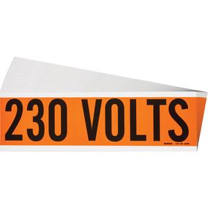 "230 Volts" Conduit & Voltage Labels - Vinyl/Cloth, 2-1/4", 9", Adhesive, English, Electrical, Repositionable Rubber, Semi-Gloss, Black on Orange, Rectangle