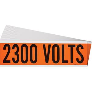 "2300 Volts" Conduit & Voltage Labels - Vinyl/Cloth, 2-1/4", 9", Adhesive, English, Electrical, Repositionable Rubber, Semi-Gloss, Black on Orange, Rectangle
