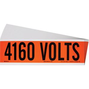 "4160 Volts" Conduit & Voltage Labels - Vinyl/Cloth, 2-1/4", 9", Adhesive, English, Electrical, Repositionable Rubber, Semi-Gloss, Black on Orange, Rectangle