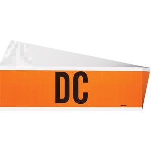 "DC" Conduit & Voltage Labels - Vinyl/Cloth, 2-1/4", 9", Adhesive, English, Electrical, Repositionable Rubber, Semi-Gloss, Black on Orange, Rectangle