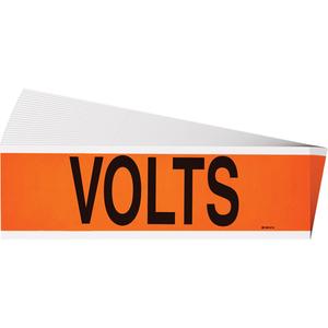 "Volts" Conduit & Voltage Labels - Vinyl/Cloth, 2-1/4", 9", Adhesive, English, Electrical, Repositionable Rubber, Semi-Gloss, Black on Orange, Rectangle