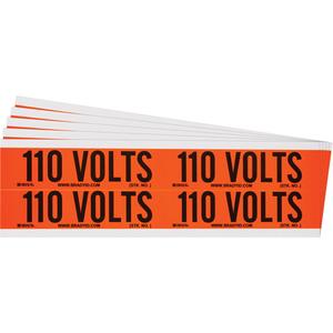 "110 Volts" Conduit & Voltage Labels - Vinyl/Cloth, 1-1/8", 4-1/8", Adhesive, English, Electrical, Repositionable Rubber, Semi-Gloss, Black on Orange, Rectangle